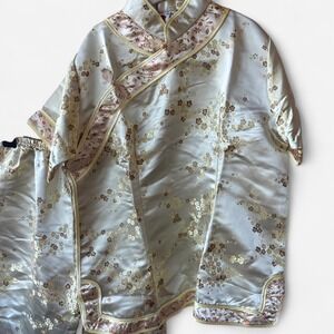 Peach Cream gold traditional Chinese Qipao top & pant pankou button Sz Girls 12